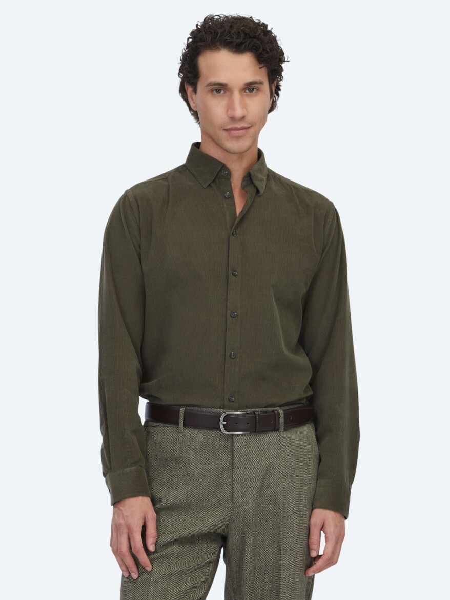 Khaki Striped Regular Fit Weaving Casual 100% Cotton Shirt - KİP