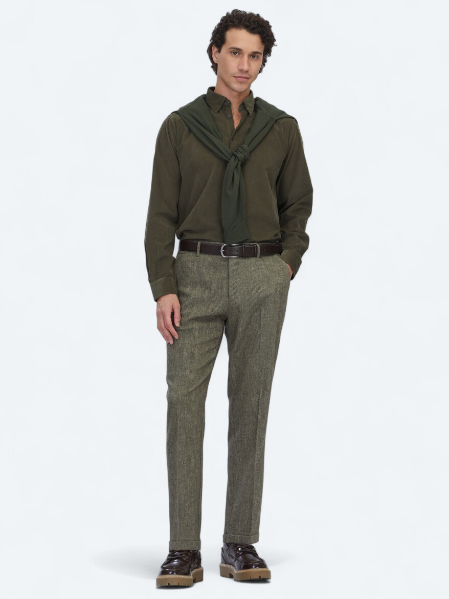 Khaki Striped Regular Fit Weaving Casual 100% Cotton Shirt - KİP