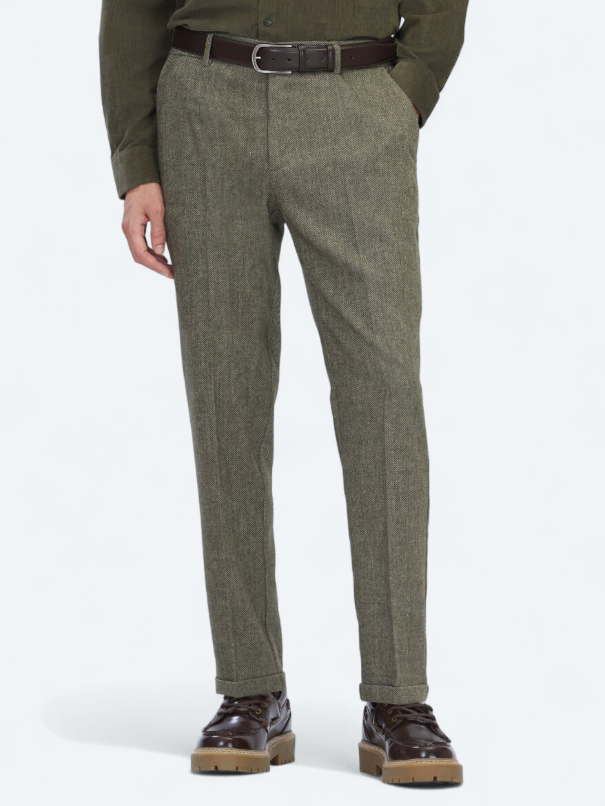 Khaki Weaving Jogging Fit Casual Wool Blended Trousers - KİP
