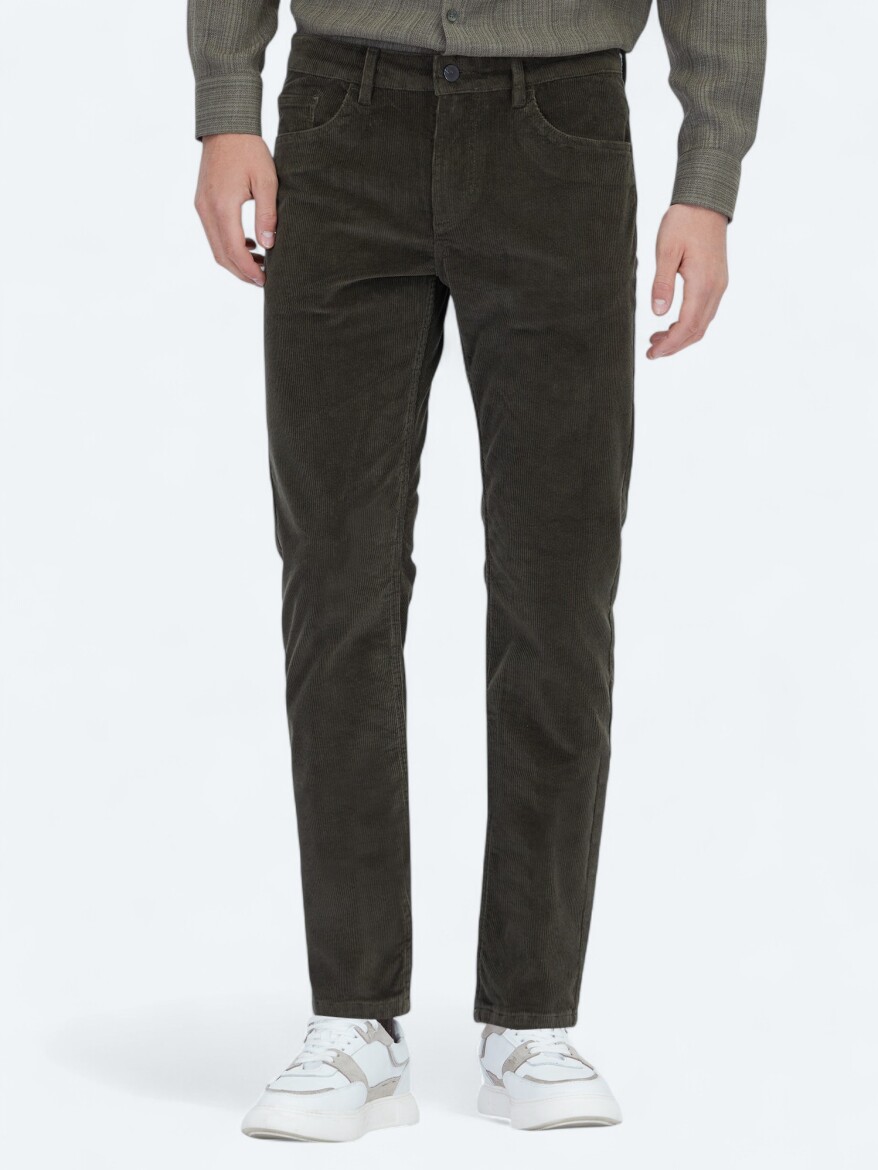 Khaki Weaving Slim Fit Casual Cotton Blended Trousers - KİP