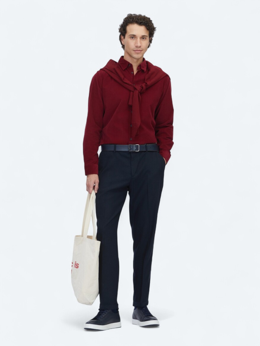 Kırmızı Çizgili Regular Fit Dokuma Kadife Casual %100 Pamuk Gömlek - KİP