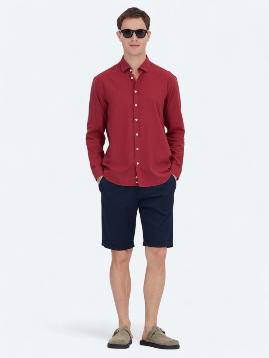 Kırmızı Düz Regular Fit Dokuma Casual %100 Pamuk Gömlek - KİP