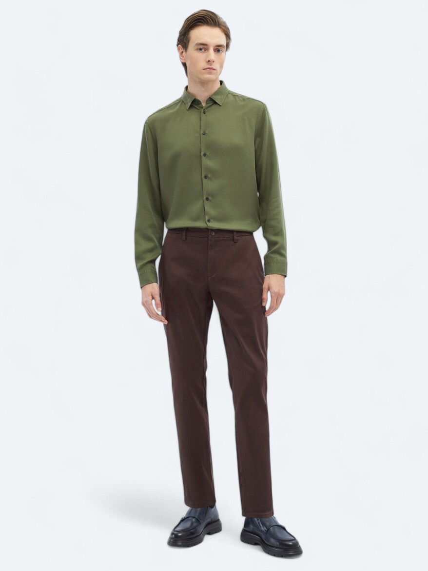 Koyu Kahve Dokuma Regular Fit Casual Pamuk Karışımlı Pantolon - KİP
