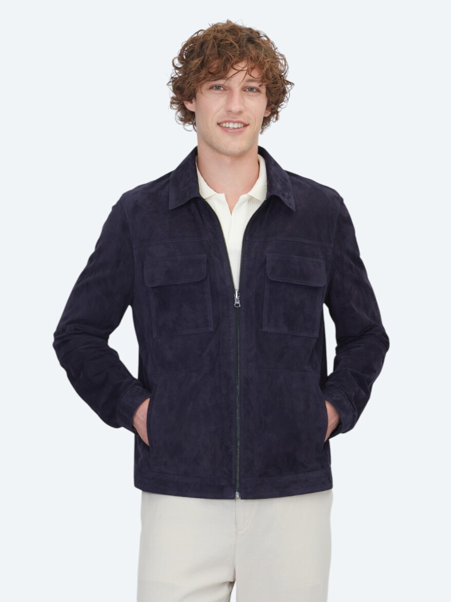 Koyu Lacivert Regular Fit Gömlek Yaka Smart Casual Deri Mont - KİP