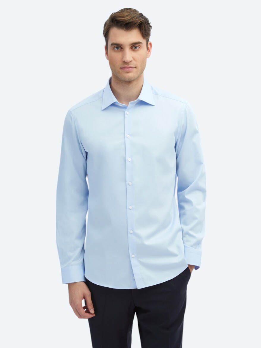 Koyu Mavi Düz Slim Fit Dokuma Klasik %100 Pamuk Gömlek - KİP
