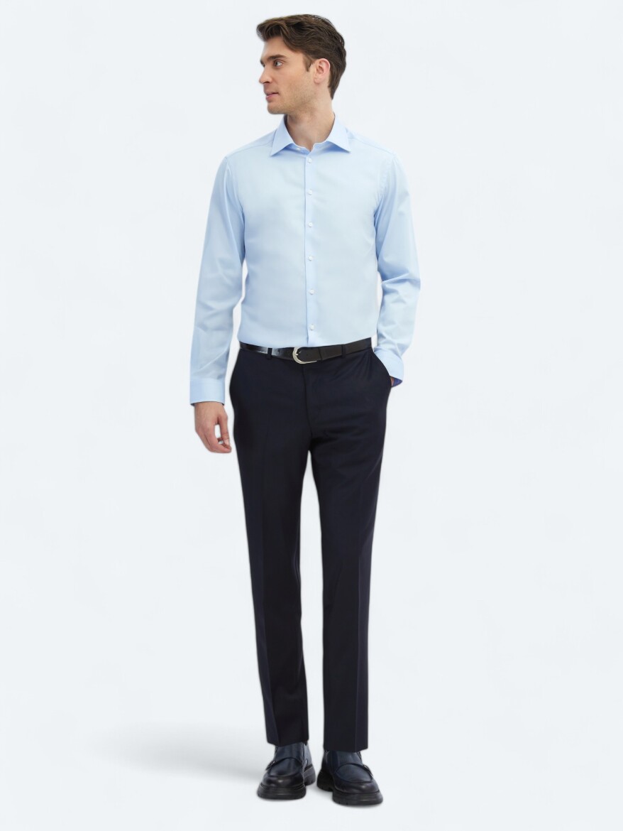 Koyu Mavi Düz Slim Fit Dokuma Klasik %100 Pamuk Gömlek - KİP