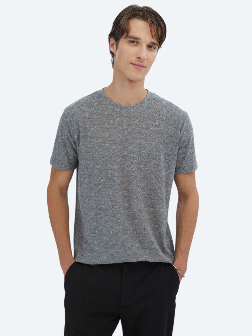 Lacivert Baskılı Bisiklet Yaka Pamuk Karışımlı T-Shirt - KİP