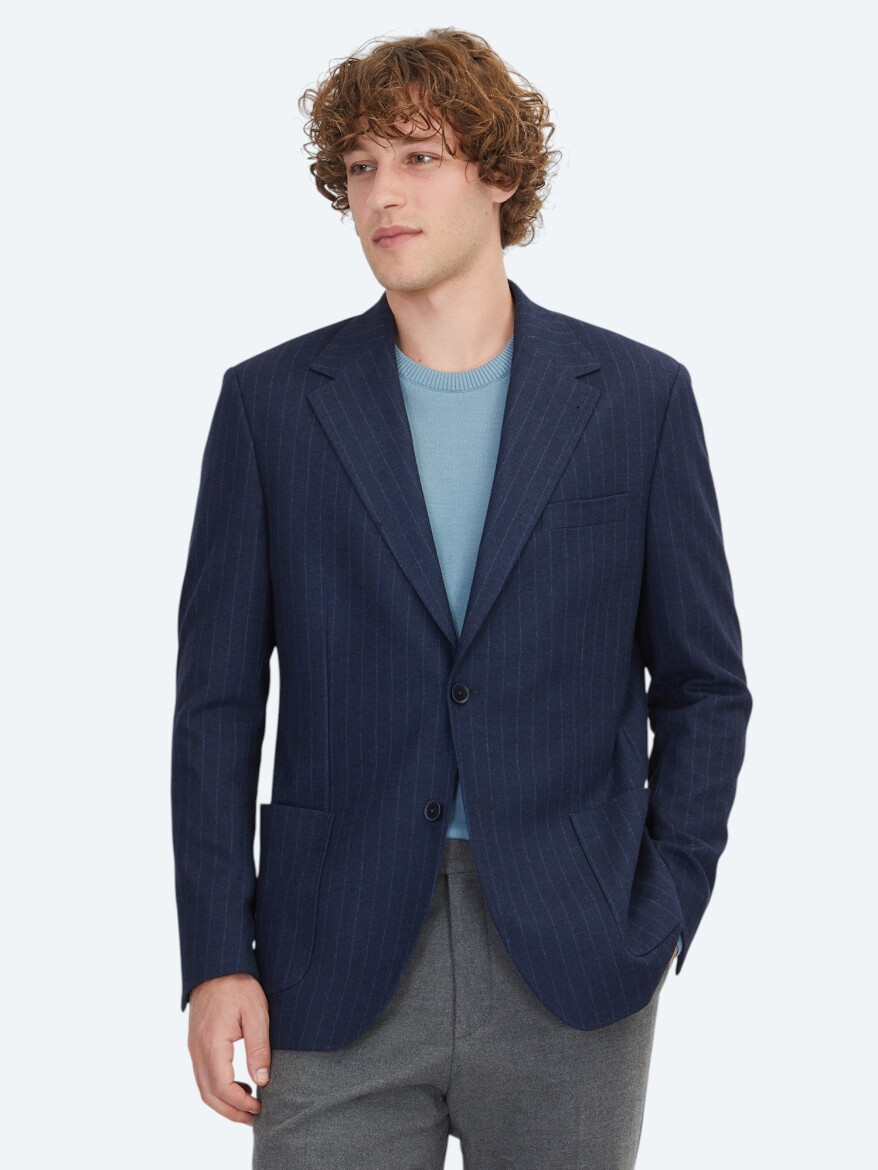 Lacivert Çizgili Comfort Fit Örme Ceket - KİP