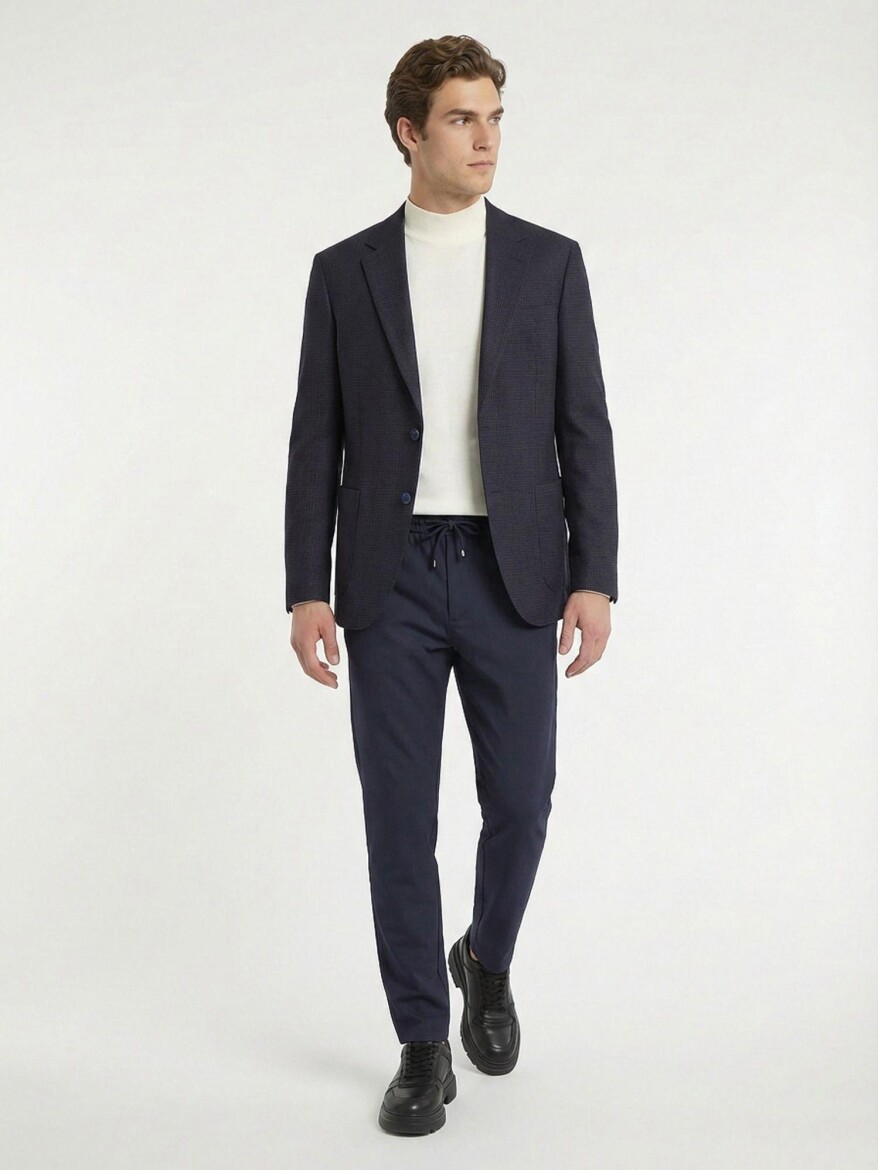 Lacivert Desenli Modern Fit Yün Karışımlı Ceket - KİP