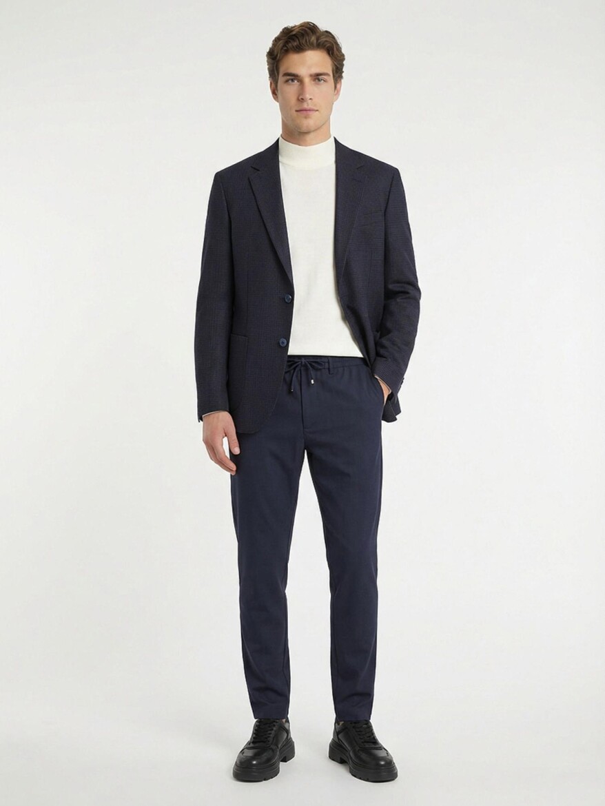 Lacivert Desenli Modern Fit Yün Karışımlı Ceket - 3