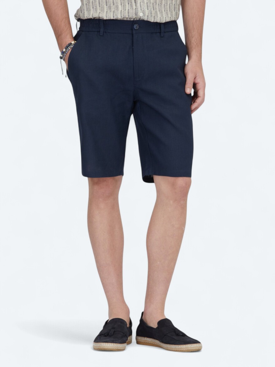 Lacivert Dokuma Jogging Fit Casual Pamuk Karışımlı Bermuda 