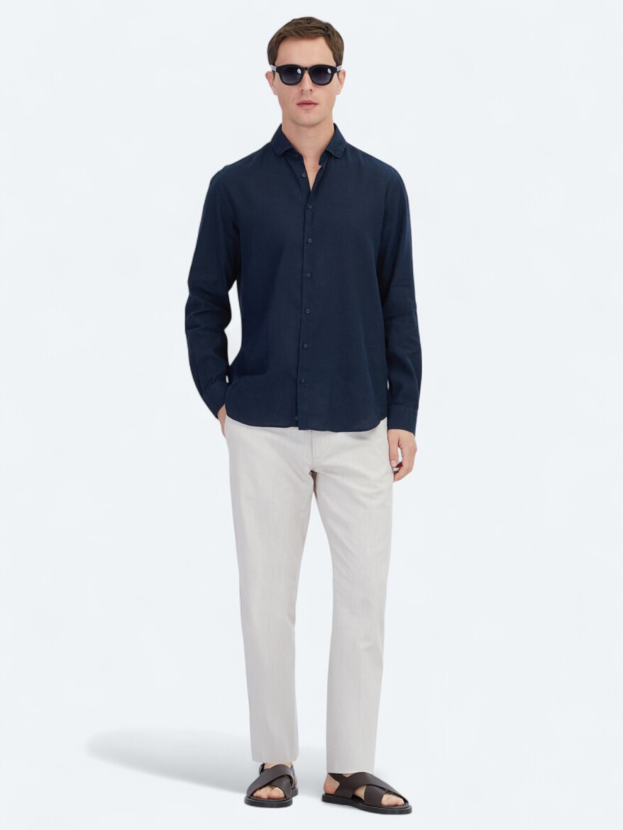 Lacivert Düz Regular Fit Dokuma Casual Pamuk Karışımlı Gömlek - KİP