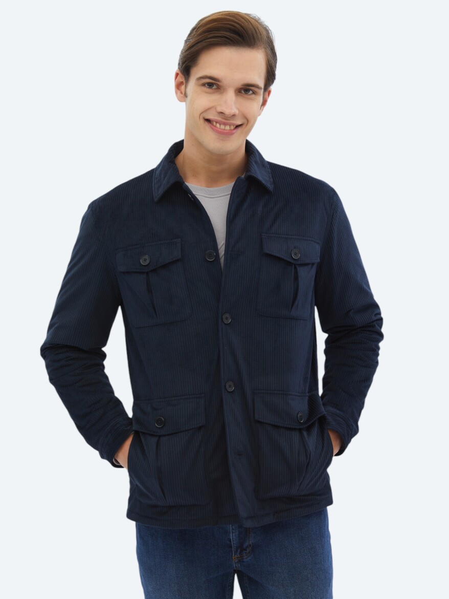 Lacivert Fitilli Regular Fit Dokuma Kadife Overshırt - KİP