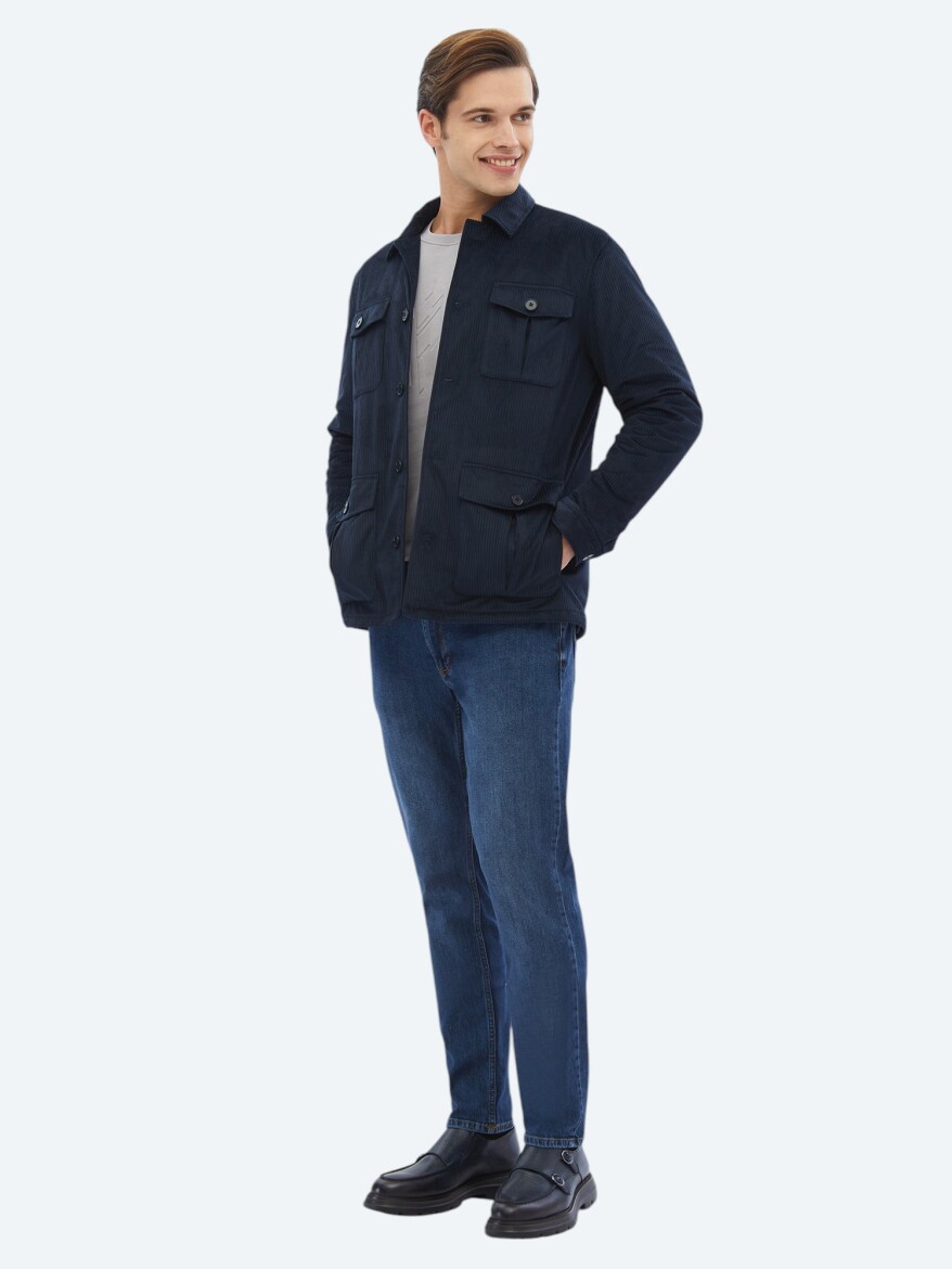 Lacivert Fitilli Regular Fit Dokuma Kadife Overshırt - KİP