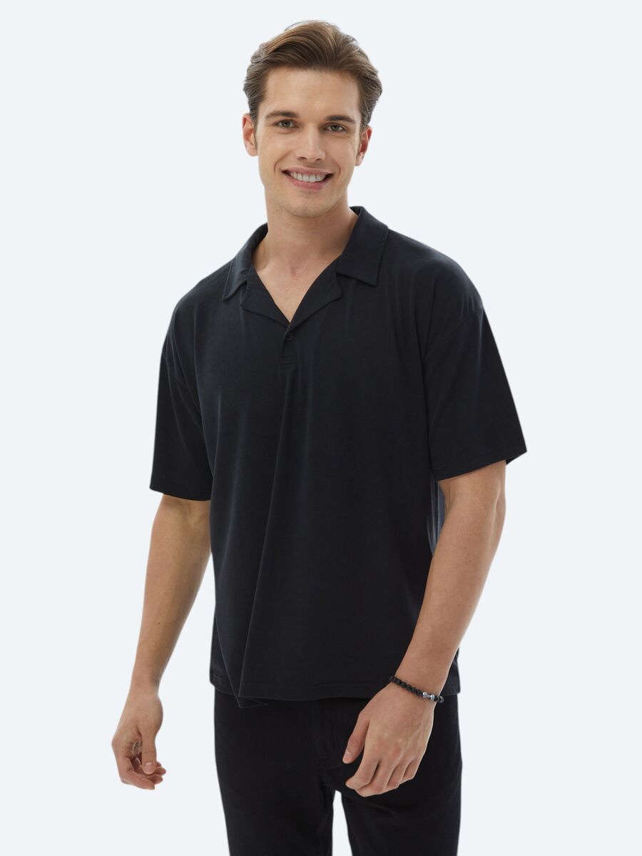 Lacivert Jakarlı Küba Yaka T-Shirt - 4