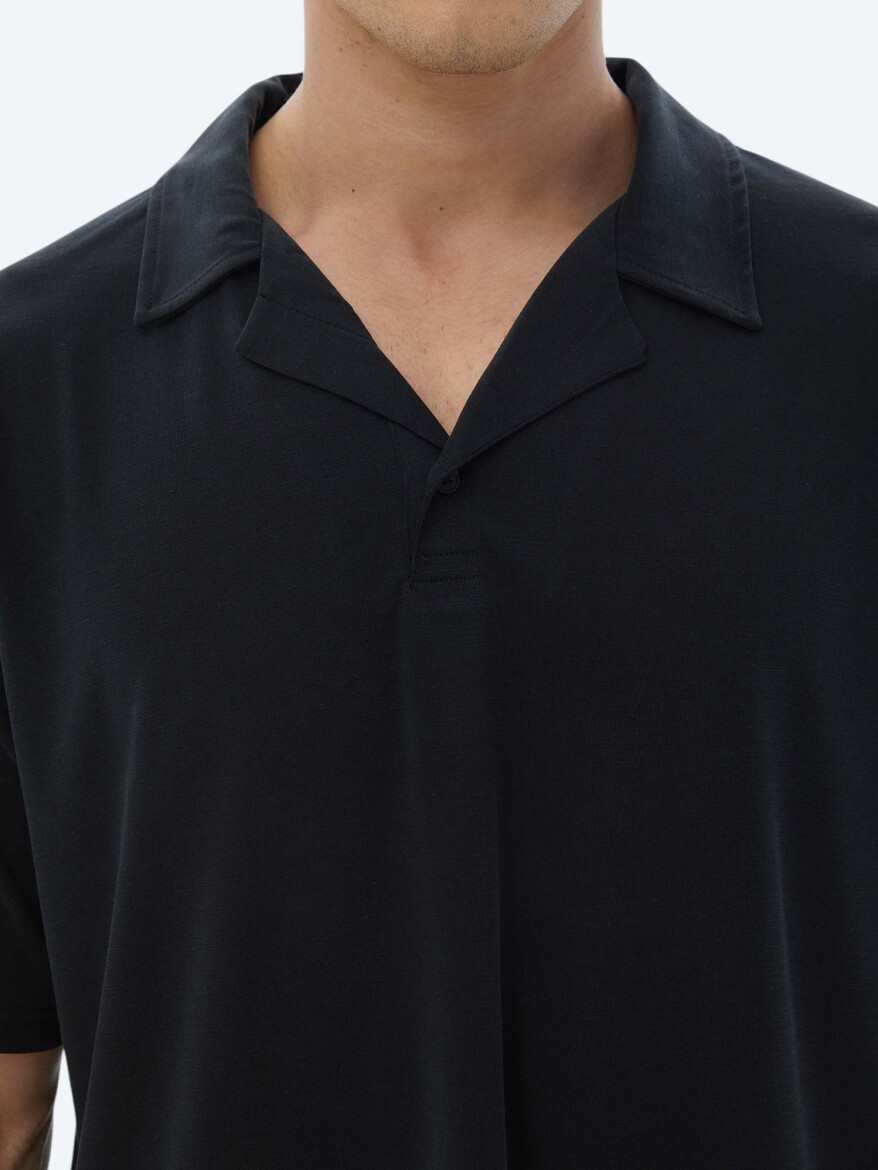 Lacivert Jakarlı Küba Yaka T-Shirt - 5