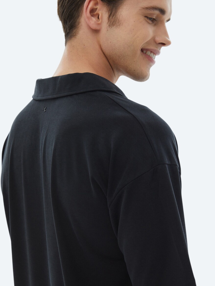 Lacivert Jakarlı Küba Yaka T-Shirt - 6