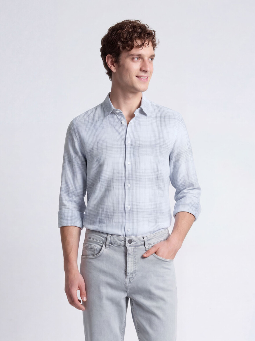 Lacivert Kareli Regular Fit Dokuma Casual Pamuk Karışımlı Gömlek - KİP