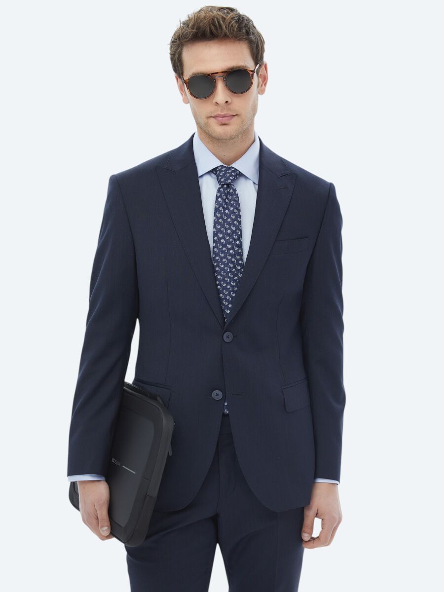 Lacivert Mikro Modern Fit Yün Karışımlı Takım Elbise - 1