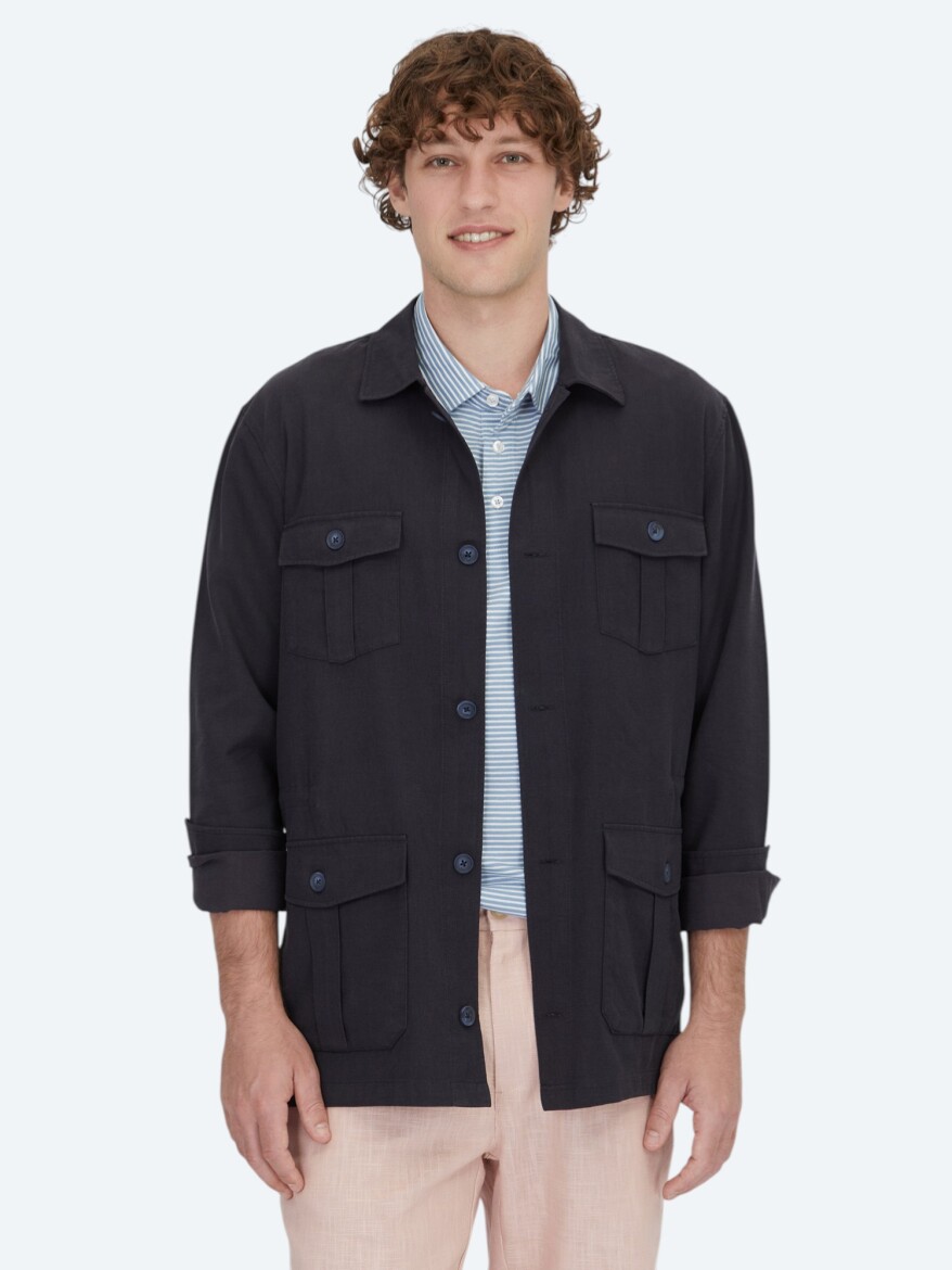 Lacivert Oversize Fit Dokuma Pamuk Karışımlı Overshırt - 1