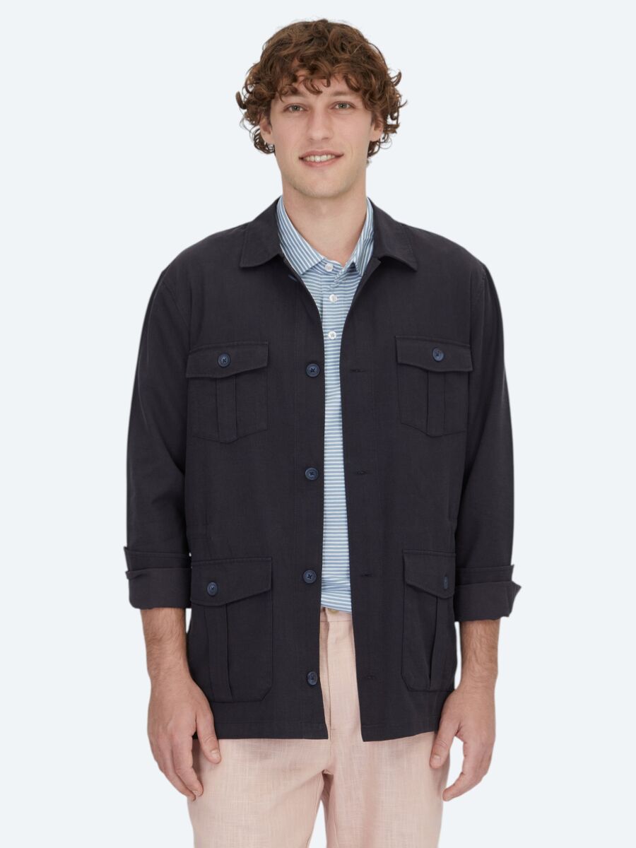 Lacivert Oversize Fit Dokuma Pamuk Karışımlı Overshırt - 1