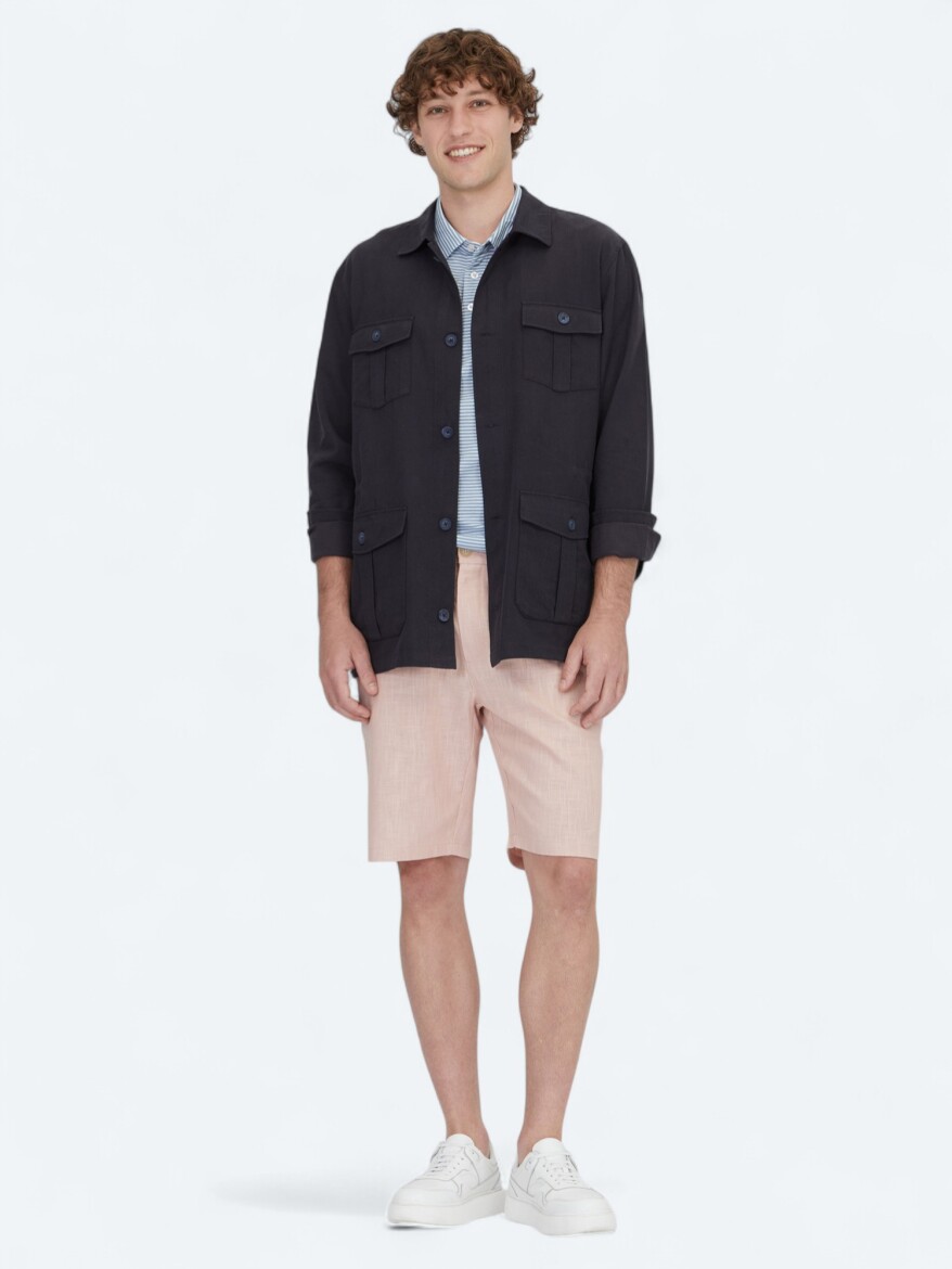 Lacivert Oversize Fit Dokuma Pamuk Karışımlı Overshırt - 2