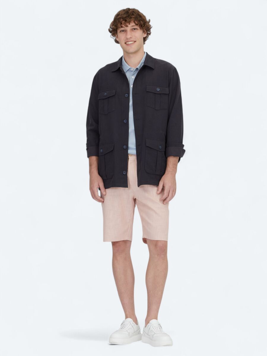 Lacivert Oversize Fit Dokuma Pamuk Karışımlı Overshırt - 2