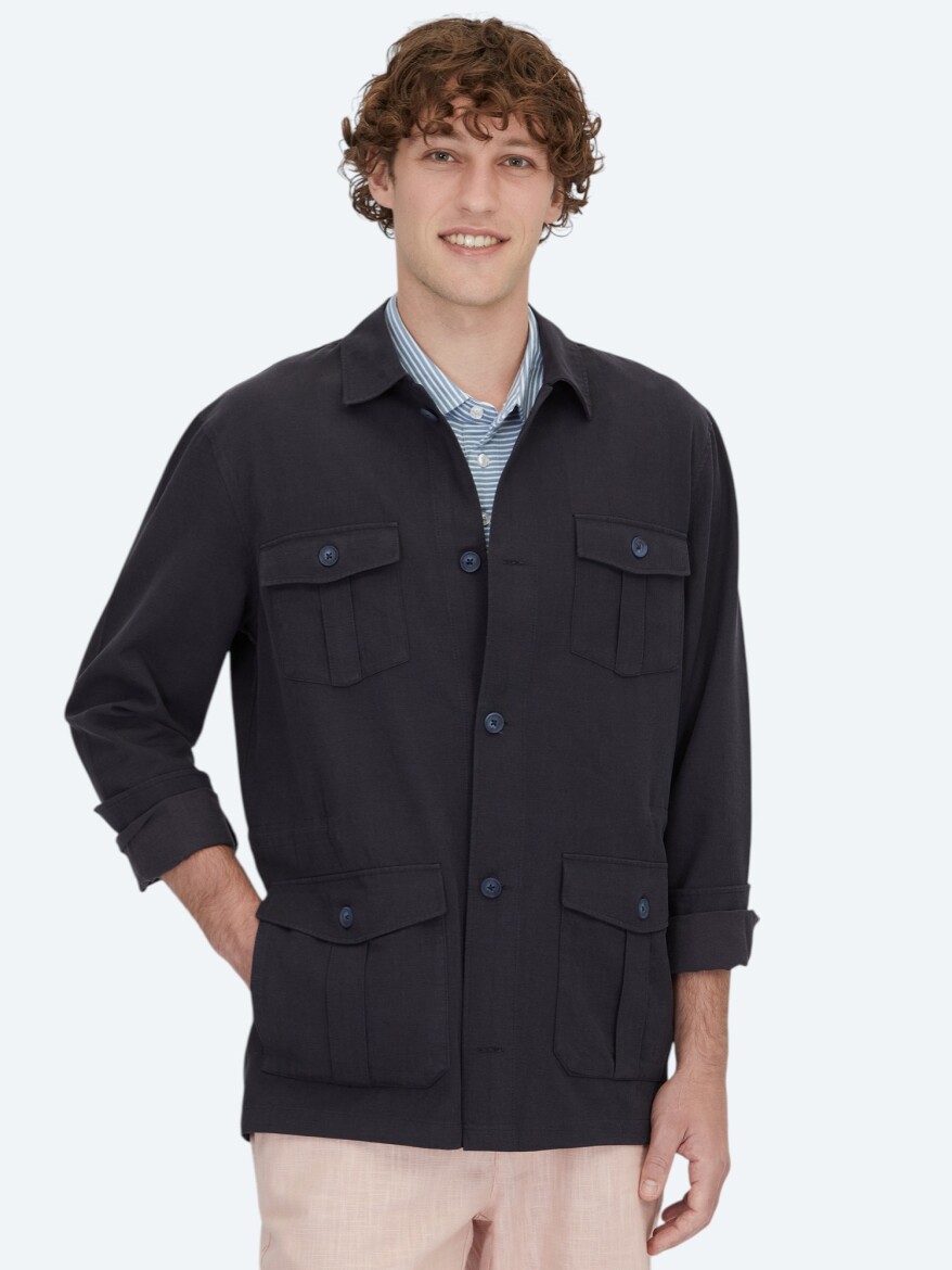 Lacivert Oversize Fit Dokuma Pamuk Karışımlı Overshırt - 3