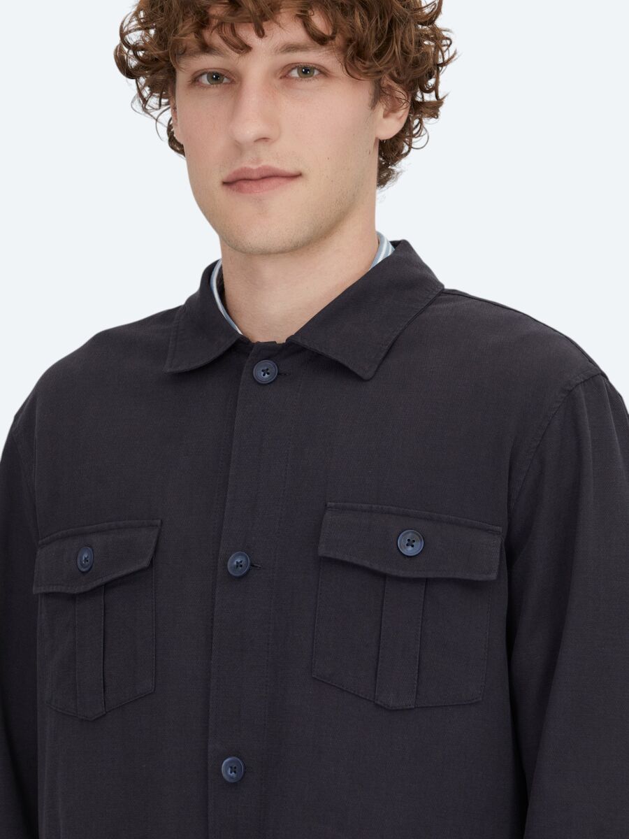 Lacivert Oversize Fit Dokuma Pamuk Karışımlı Overshırt - 4