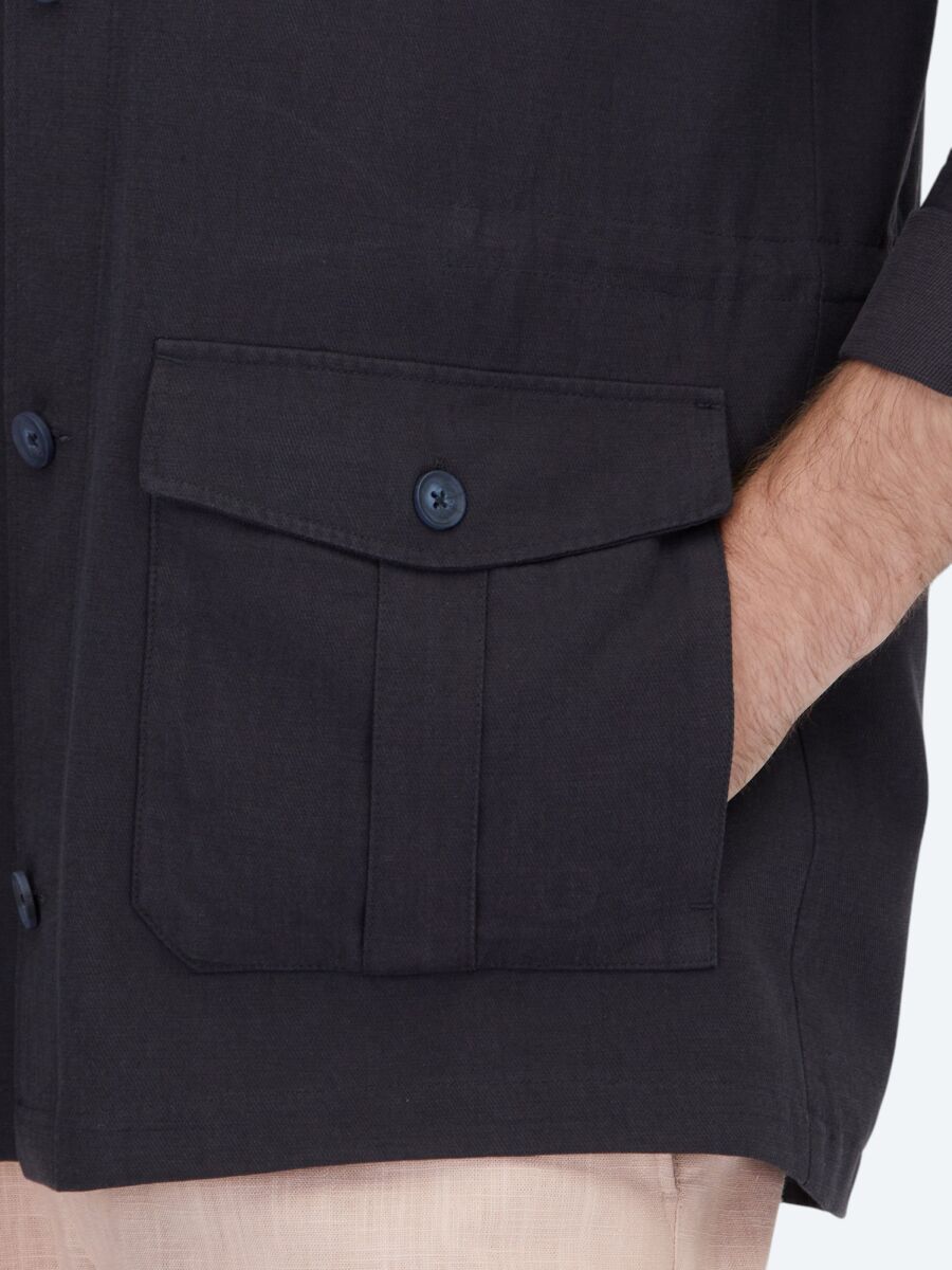 Lacivert Oversize Fit Dokuma Pamuk Karışımlı Overshırt - 5