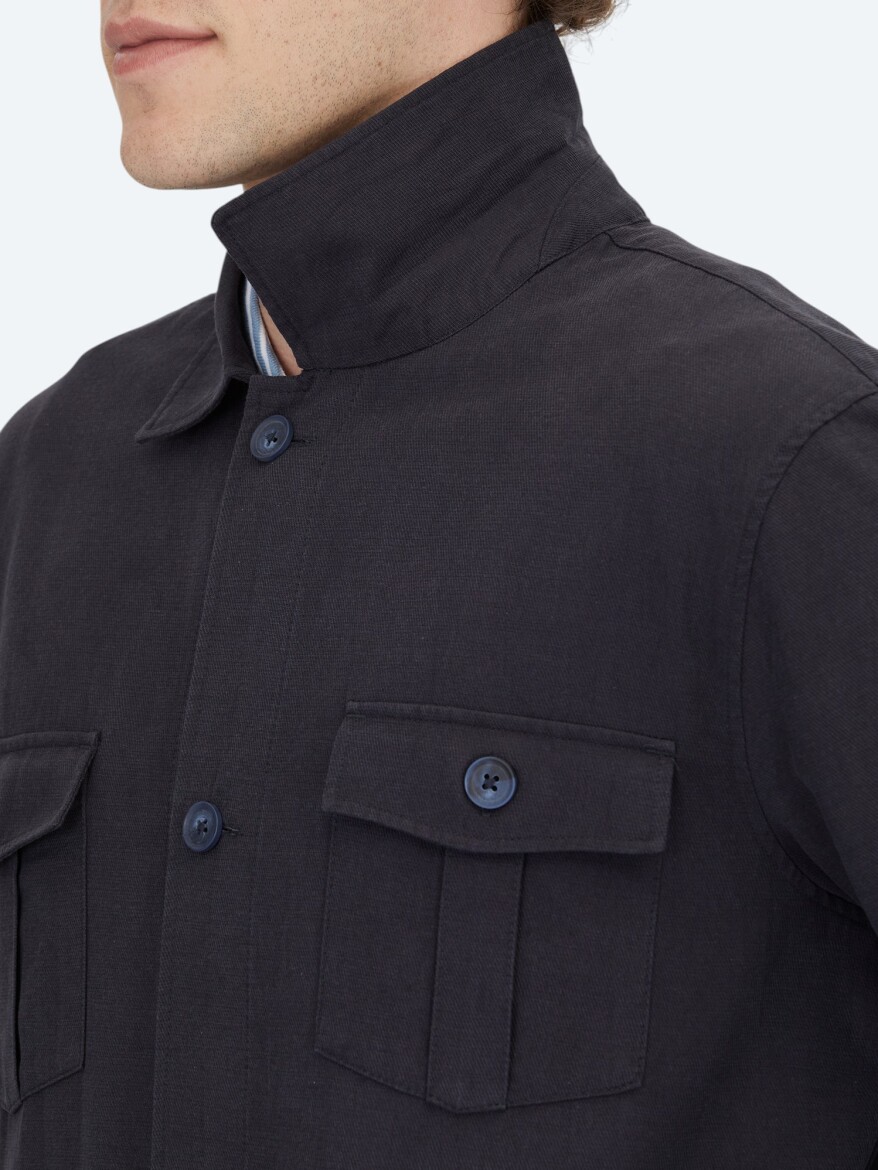 Lacivert Oversize Fit Dokuma Pamuk Karışımlı Overshırt - 6