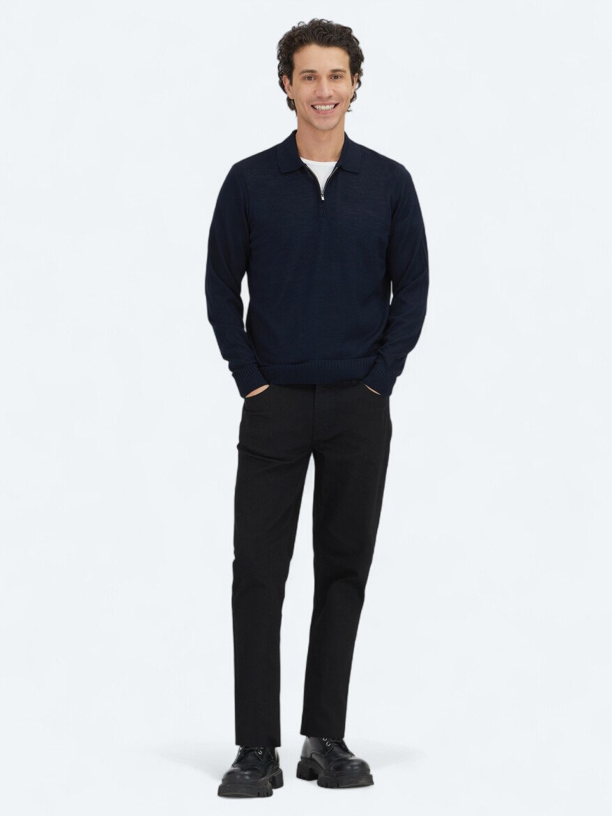 Lacivert Polo Yaka Jakarlı Yün Karışımlı Triko Kazak - KİP