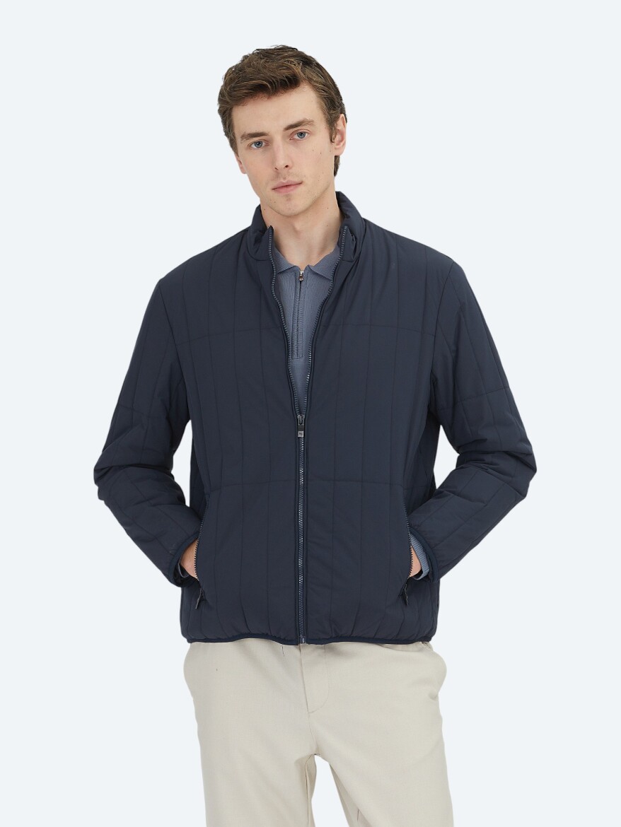 Lacivert Regular Fit Dik Yaka Casual Dokuma Mont - KİP