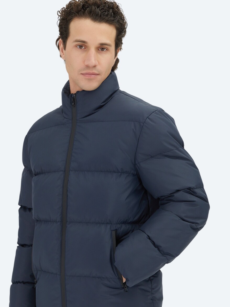 Lacivert Regular Fit Dik Yaka Casual Dokuma Mont - KİP