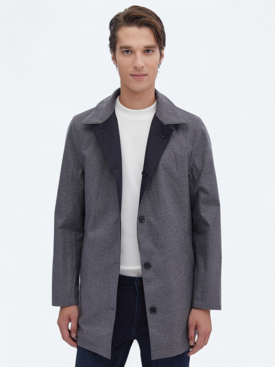 Lacivert Regular Fit Dik Yaka Casual Dokuma Pardösü - 2