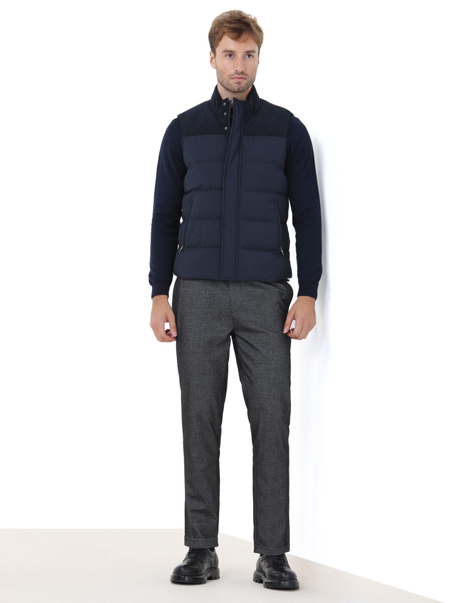 Lacivert Regular Fit Dik Yaka Casual Dokuma Spor Yelek - 3