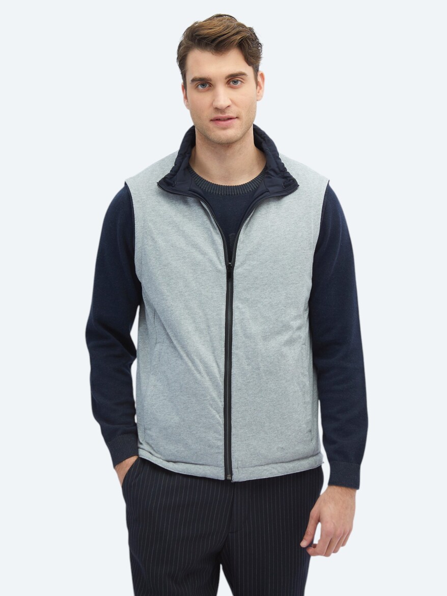 Lacivert Regular Fit Dik Yaka Casual Dokuma Spor Yelek - KİP