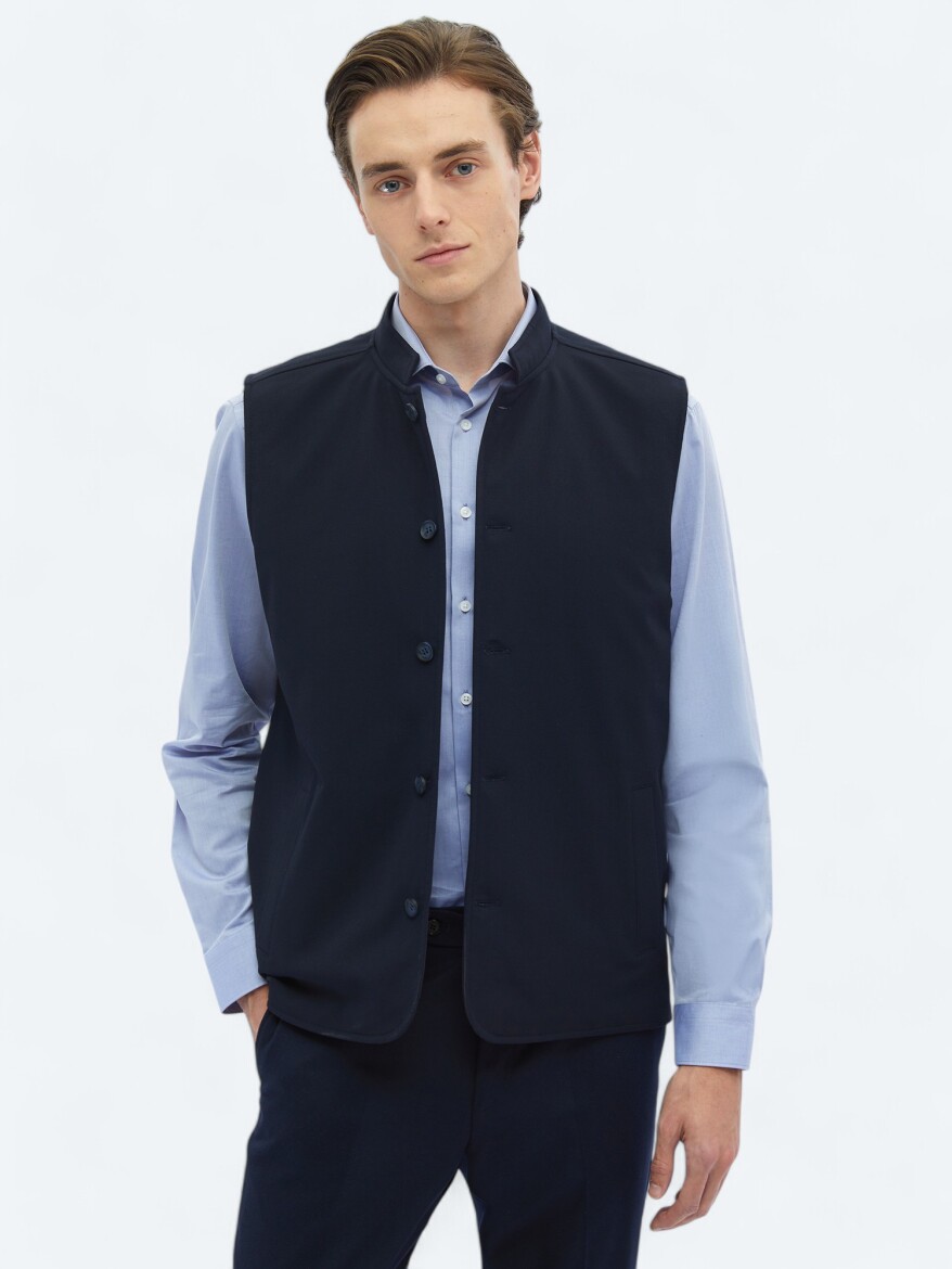 Lacivert Regular Fit Dik Yaka Casual Dokuma Spor Yelek - KİP