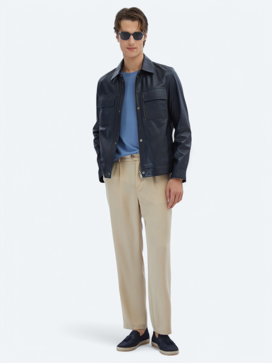 Lacivert Regular Fit Gömlek Yaka Smart Casual Koyun Derisi Deri Mont - KİP