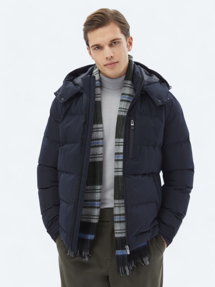 Lacivert Regular Fit Kapüşonlu Casual Dokuma Mont - 1