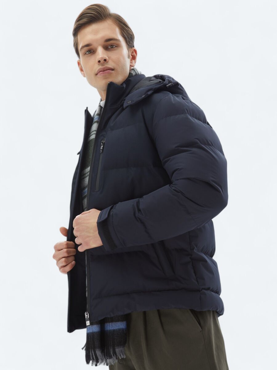 Lacivert Regular Fit Kapüşonlu Casual Dokuma Mont - 3