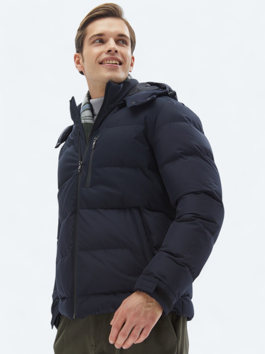 Lacivert Regular Fit Kapüşonlu Casual Dokuma Mont - 4