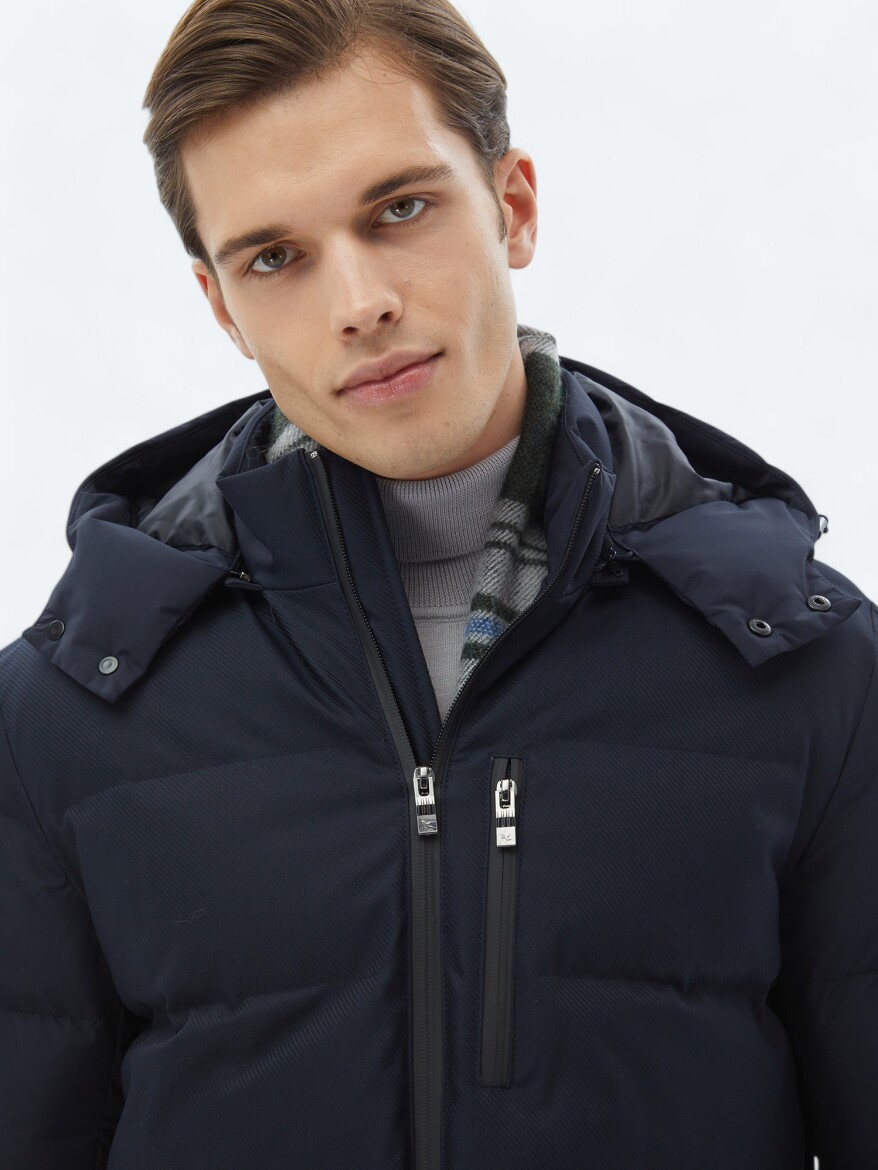 Lacivert Regular Fit Kapüşonlu Casual Dokuma Mont - 5