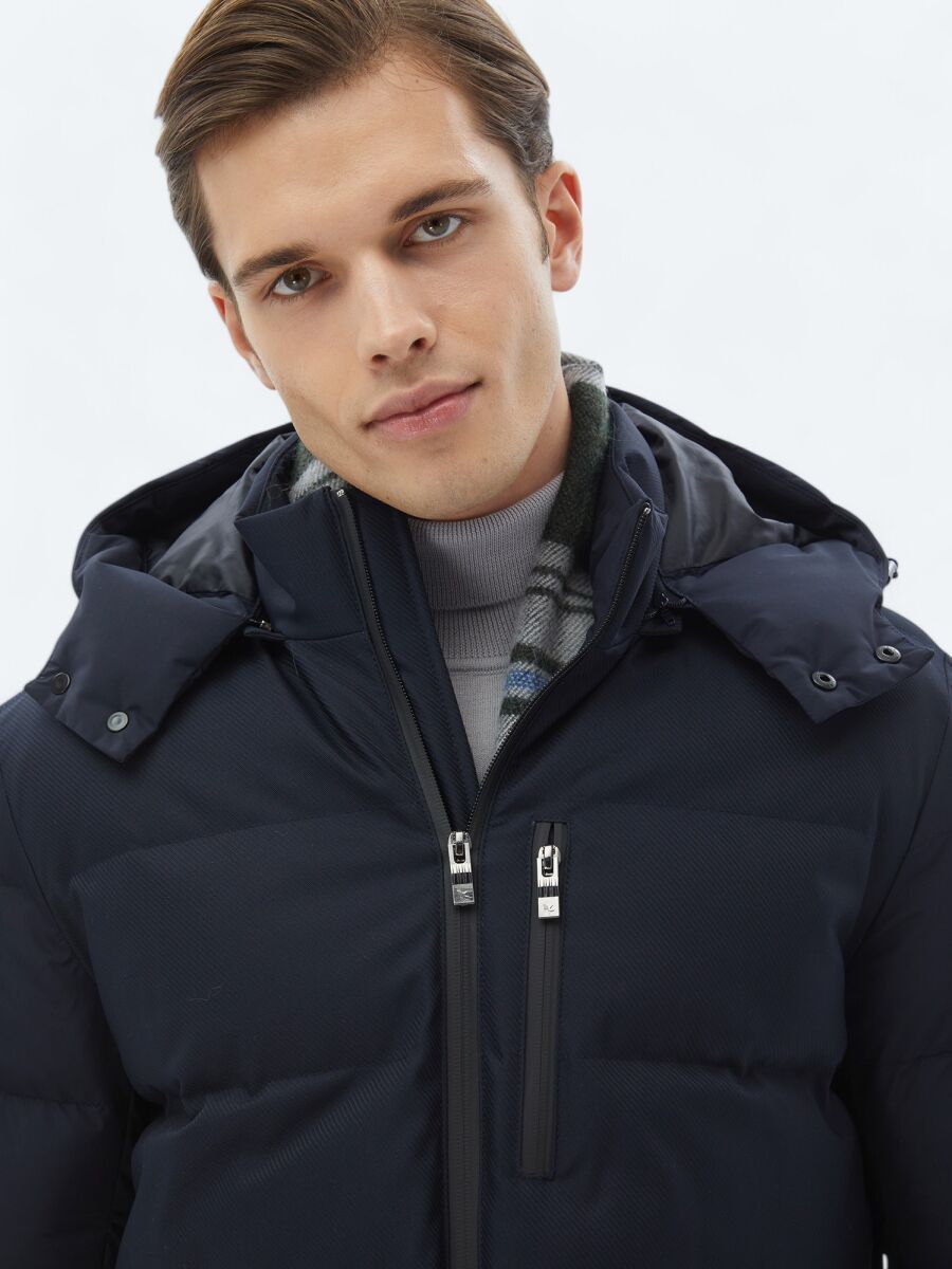 Lacivert Regular Fit Kapüşonlu Casual Dokuma Mont - 5