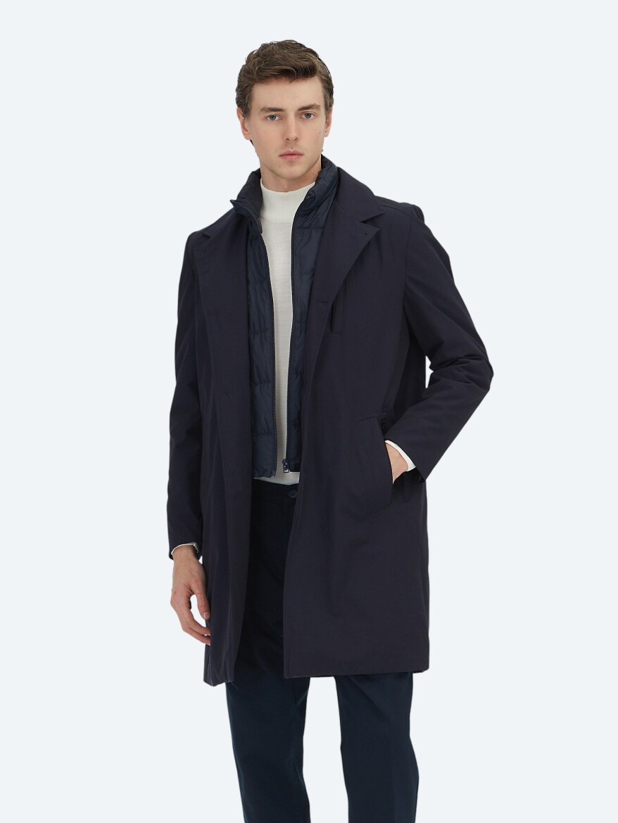 Lacivert Regular Fit Kruvaze Yaka Casual Dokuma Pardösü - KİP