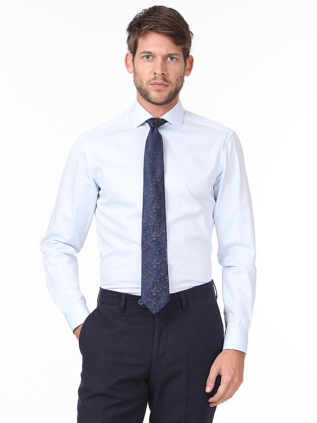 Light Blue Plain Regular Fit Weaving Classical 100% Cotton Shirt - 1