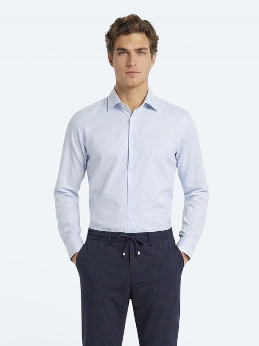 Light Blue Plain Slim Fit Weaving Classical Cotton Blended Shirt - 1