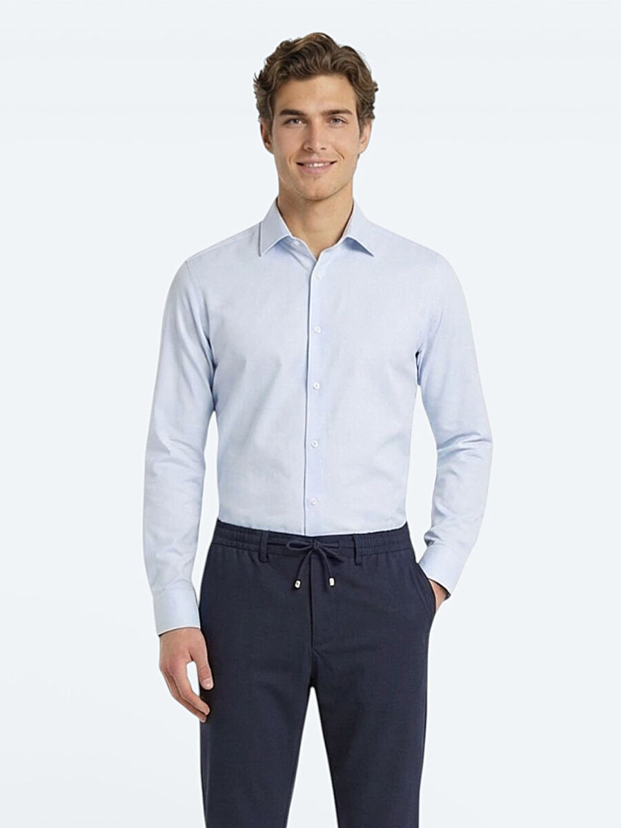 Light Blue Plain Slim Fit Weaving Classical Cotton Blended Shirt - 3