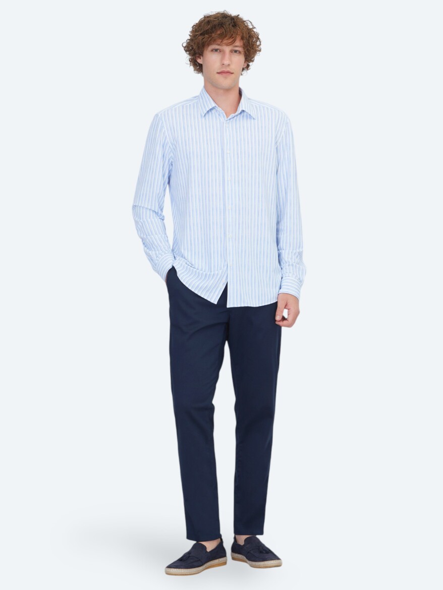 Light Blue Striped Regular Fit Knitting Casual Shirt - 2