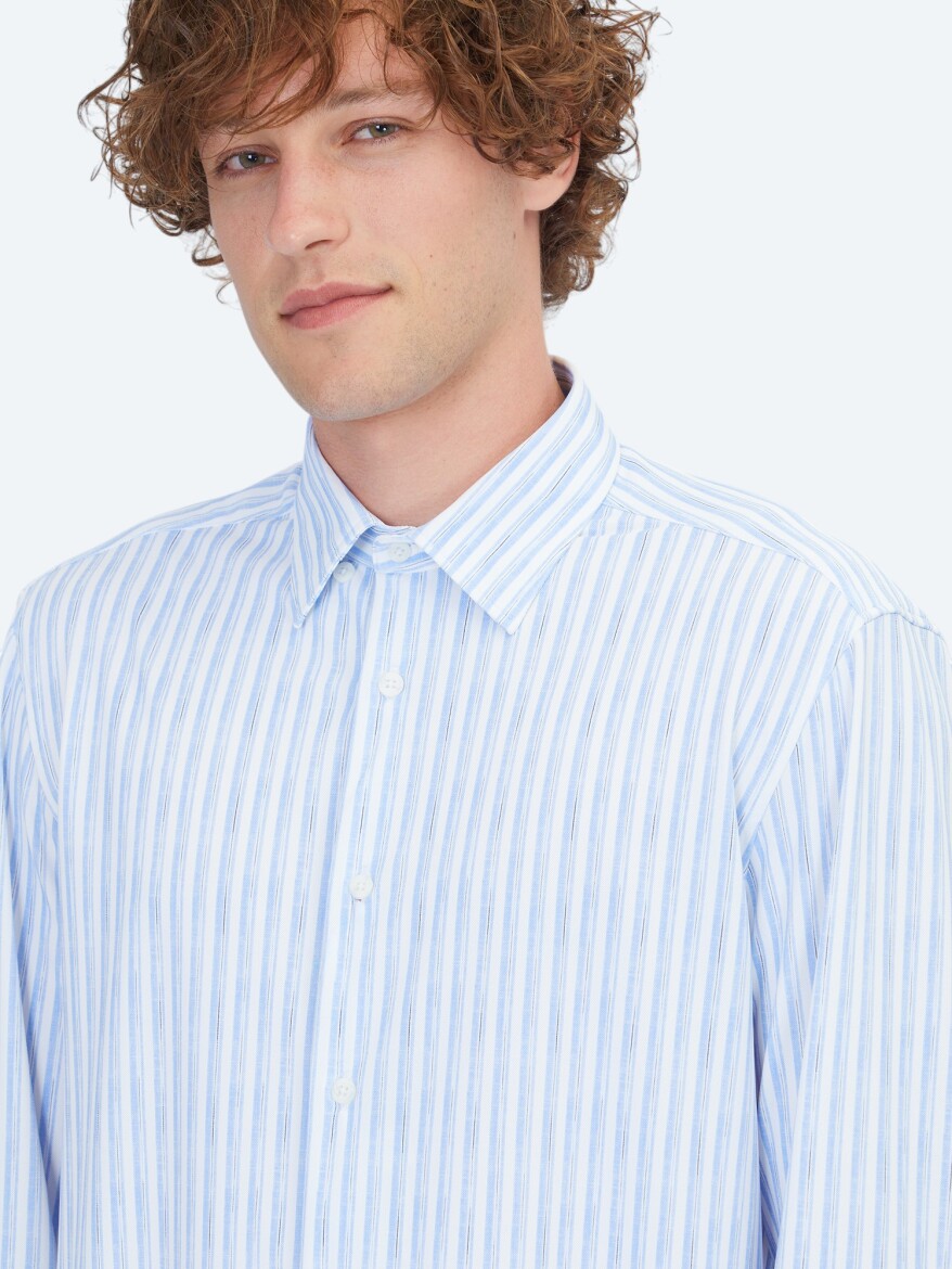 Light Blue Striped Regular Fit Knitting Casual Shirt - 3